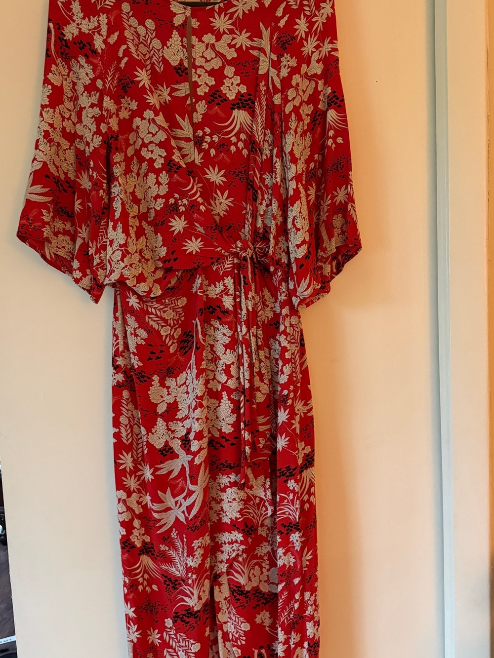 Topshop Red Floral Tie-Waist Long Sleeve Dress